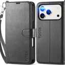 TUCCH Wallet Case for iPhone 17 Pro (6.3") 2025, Wrist Strap RFID Blocking 4 Card Slots, Kickstand, Shockproof TPU Shell, PU Leather, Magnetic Closure, Protective Flip Folio Cover, Black