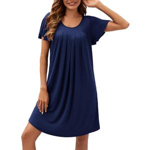 WEACZZY Women's Pleated Front Loose Fit Ruffle Short Sleeve Nightgowns Sleepwear Casual House Dress Sleepshirt Loungewear (Blue, S)