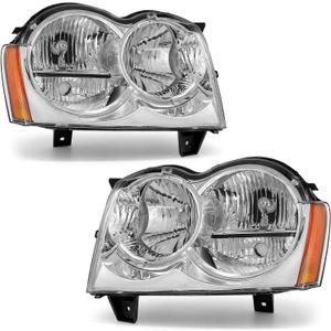 Headlight Compatible with Jeep Grand Cherokee 2005 2006 2007 Chrome Housing Amber Reflector Replacement Pair (Chrome Housing Amber Reflector Clear Lens)