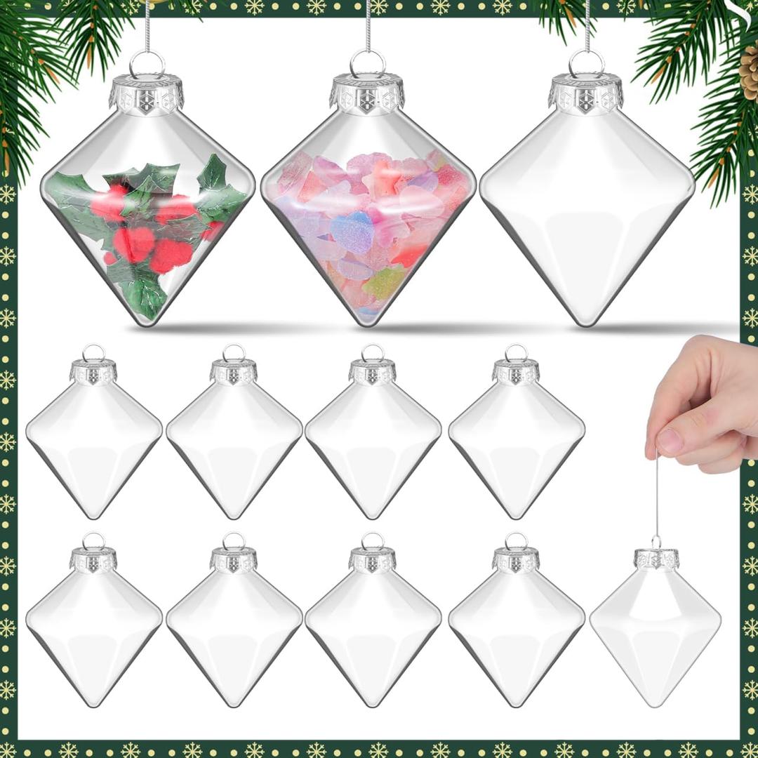 Angoily Fillable Christmas Ornaments Balls, 12pcs Clear Plastic Fillable Ornaments for Crafts, DIY Hanging Transparent Ball for Christmas Tree Decorations Indoor Home Decor Wedding Party, Diamond