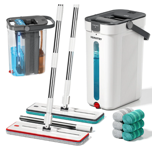 HoMettler DualMop and Bucket Set, 3Tank Flat Mop and Bucket System with Separate Dirty and Clean Water, Wall Cleaner Mop, Flat Mops for Floor Cleaning with 6 Microfiber Pads