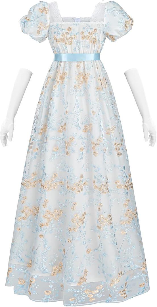 NSPSTT Golden Regency Dresses for Women 1800s Vintage Dress Victorian Ball Gown with Gloves, Blue, L