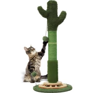 OTOB 36" Tall Cat Scratching Post, Natural Sisal Rope Cactus Cat Scratch Post, Vertical 6-in-1 Interactive Turntable Cat Scratcher Post with Soft Ball Toys, Protect Your Furniture for All Indoor Cats (Green)