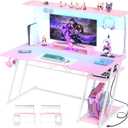 Armocity Pink Gaming Desk with Hutch and LED Lights, 53" Computer Desk with Storage Shelves, Reversible PC Gaming Desk with Pegboard, Gamer Desks for Bedroom, Carbon Fiber Surface
