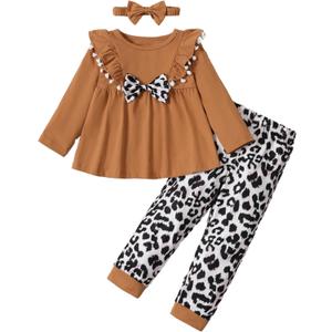 mksodopy Toddler Girl Clothes Girl Fall Winter outfits Cotton Long Sleeves Ruffle Top Pants Little Girl Clothing Set (4-5T, Brown)