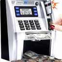 Fishboy ATM Piggy Bank for Kids with Power-Off Memory and Debit Card for Real Money, Onekey Shutdown, Coin Recognition, Target Setting, Bill Feeder, Balance Calculator, Savings Machine Box (Silver/Black)