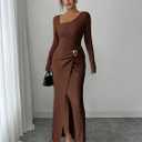 Women's Long Sleeve Maxi Bodycon Dresses Elegant Semi Formal Cocktail Knit Body Con Asymmetrical Weddding Guest (Brown, S)