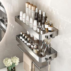 VOLPONE Stainless Steel Wall Mounted Bathroom Shelves - 2-Tier Floating Shelf with Removable Hooks (Brushed Nickel)