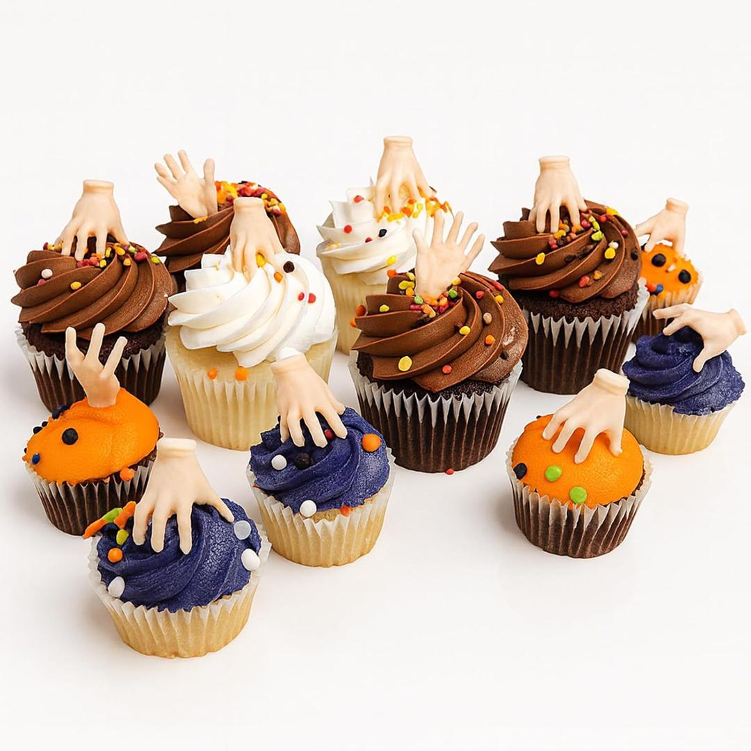 12-Pack 3D Gothic Hand Cupcake Toppers  Plastic Horror-Themed Decorations for Spooky Girl Birthday & Halloween Party, Creepy Cake Picks (Not Edible)