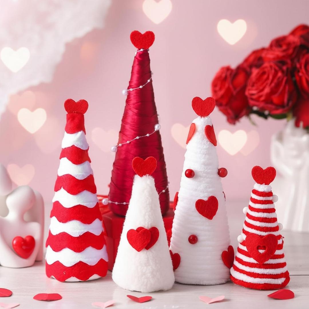 5 Pcs Valentines Day Table Decor Cone Tree Red White Yarn Wrapped Mini Trees with Heart Decor Romantic Valentine's Day Centerpieces for Tiered Tray Shelf Fireplace Indoor Room Home Kitchen