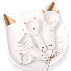 Patelai 5 Pcs Cat Measuring Spoons Set Kitchen Ceramic Counter Cat Ceramic Soup Spoon for Christmas Women Gift(White)