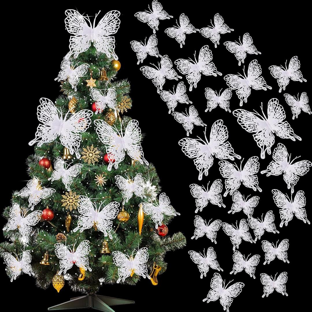Jutom 36 Pcs Christmas Tree Butterfly Ornaments 3 Sizes 3D Glitter Hollow Butterfly Decorations Xmas Butterflies Wall Hanging Decor with Clips and Stems for Christmas Tree Wreath (White)