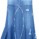 CHARTOU Women's Distressed Packaged Hip Irregular Ruffle Tiered Maxi Long Denim Skirt (Blue)