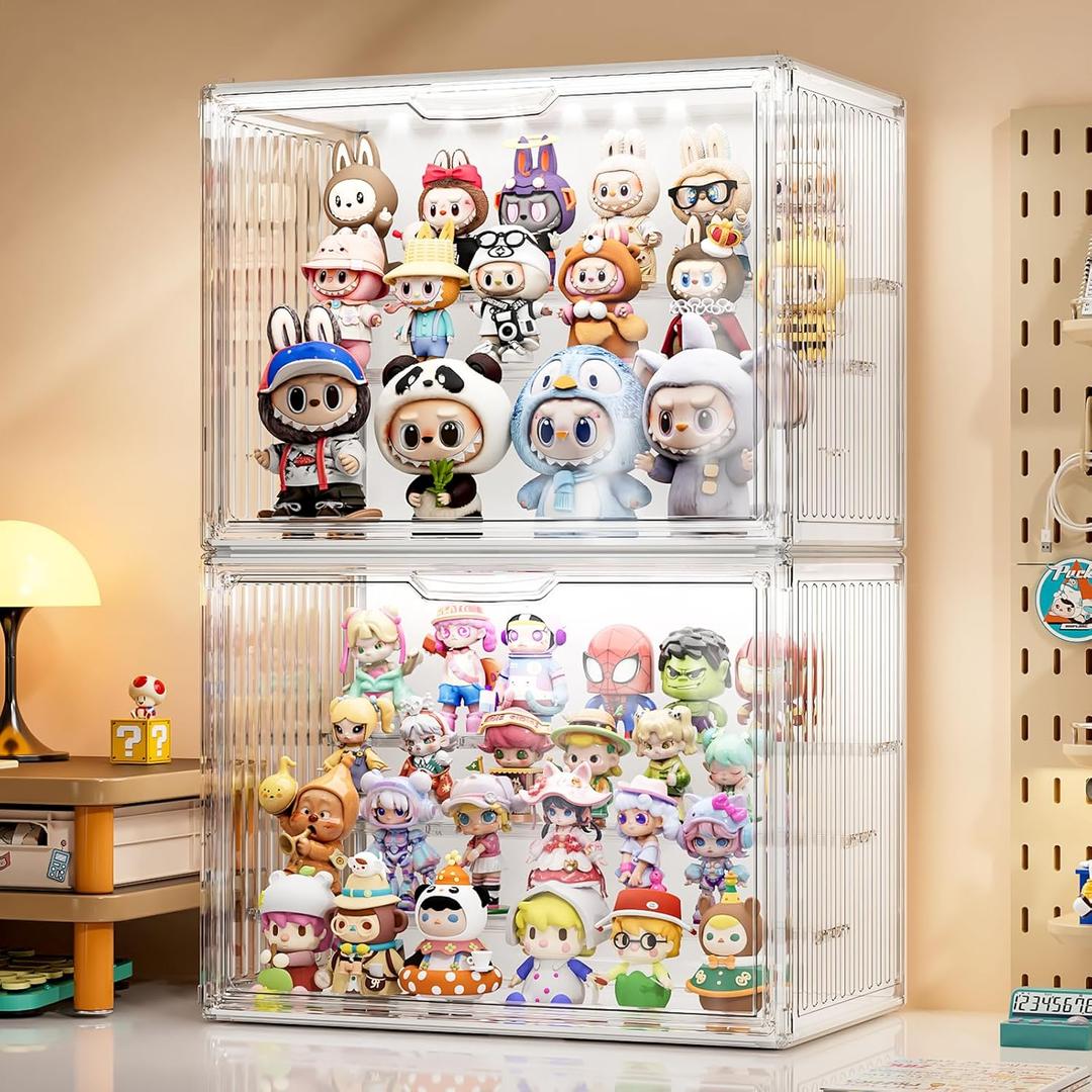 JOYZAN Clear Acrylic Display Case with Lights, 4 Tier LED Display Case for Collectibles 14.2" x 8.67" x 10.6" Stackable Lighted Display Box with Magnetic Door - Large 2 Packs