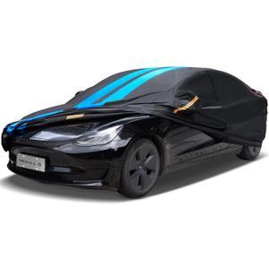 Car Cover Custom Fit for Tesla Model 3 2019-2024 Waterproof All Weather Rain Snowproof UV Protection Windproof with Charging Port, Ventilated Mesh, Zipper Door, Reflective Strip, Storage Bag (Blue)