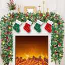 9 FT Christmas Garland with 4 Sequined Christmas Stockings, 50 LED Lights 8 Modes, Battery Operated, Decorated with Pine Cones, Red Berries, Snow Pine Cones Stairs Fireplace Home Decor