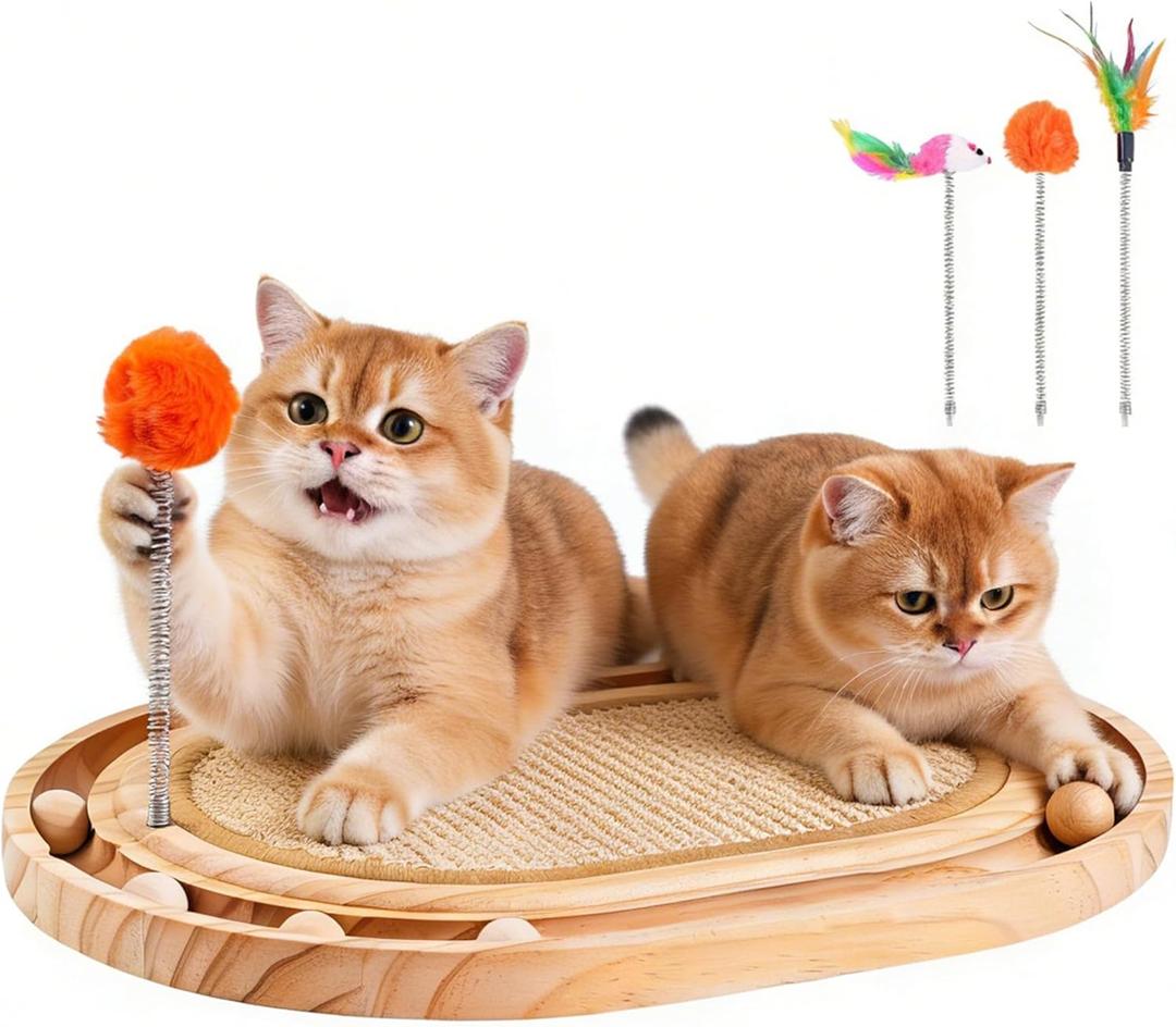 Cat Scratch Pad with Ball Track and Spring Toy, Wooden Cat Scratcher with Sisal Scratching Mat, Ball Track System and 3 Replacement Toy for Cats Scratching,Chasing and Playing (Nature Wood)