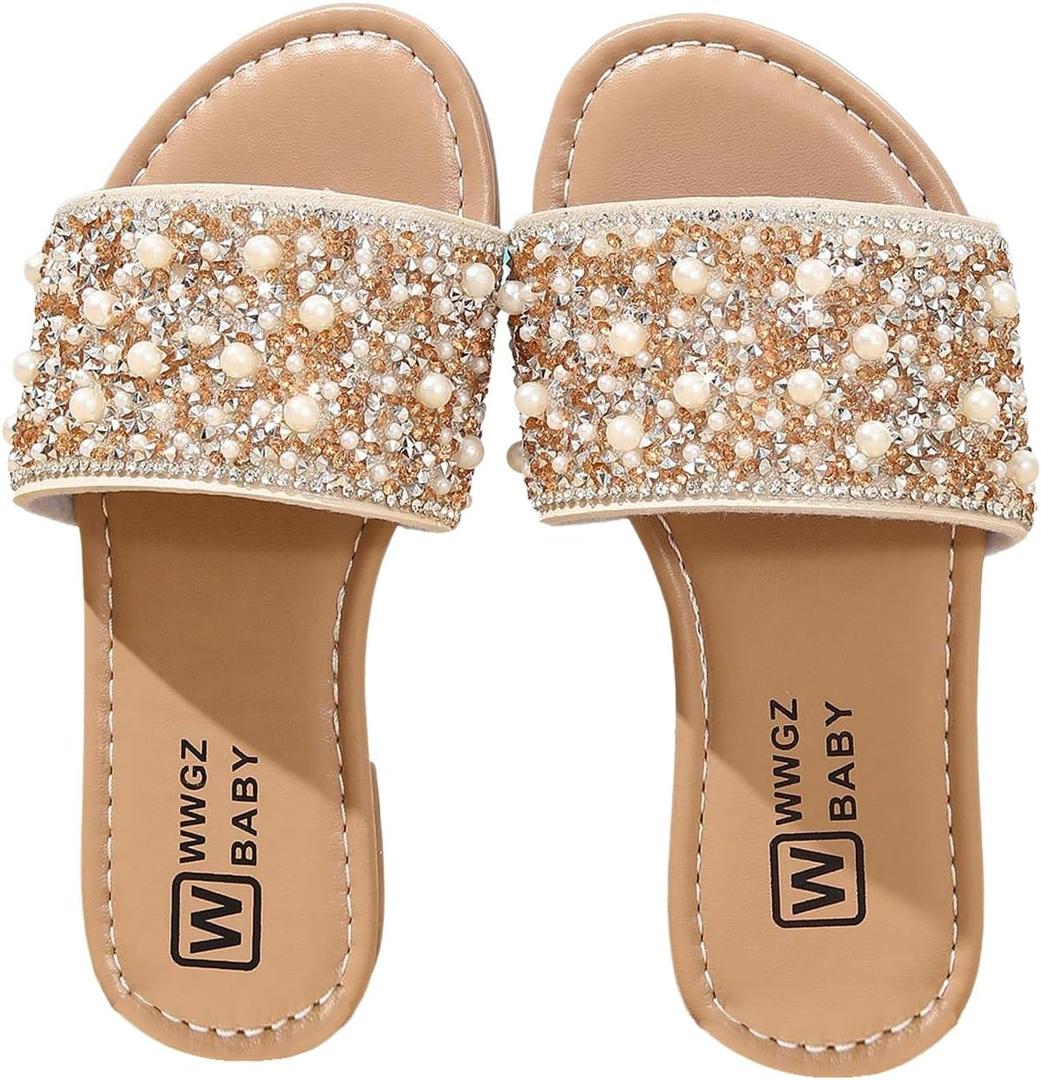 GORGLITTER Girl's Pearls Dress Flat Sandals Glitter Rhinestone Summer Open Toe Teens Slides (5 Big Kid, Champagne)