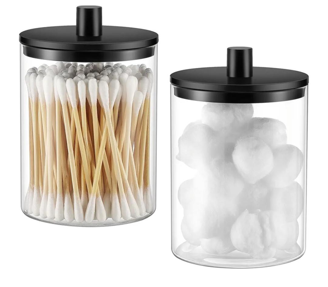 TIPGO Glass Qtip Holder Dispenser - 10 oz Clear Canister Apothecary Jar, Bathroom Vanity Storage Organizer Set for Cotton Swabs, Pads, Floss Picks, Small Containers for Makeup Storage (2 Pack, Black)