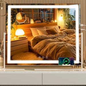 Vanity Mirror with Lights, 26'' x 22'' Lighted Makeup Mirror, Touch Screen with 3-Color Lighting, Dimmable for Vanity Desk Tabletop Square White
