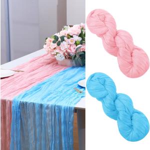 Gilprop 2 Pcs Cheesecloth Table Runner 35" x 120" Rustic Gauze Baby Shower Party Table Runner for Birthday Graduation Ceremony Wedding Reception Baby Bridal Shower, Pink and Blue