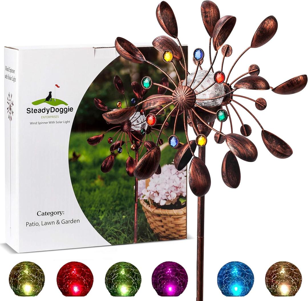 SteadyDoggie 75-Inch Wind Spinners Jewel Cup - Solar-Powered with Multi-Color LED Glass Ball - Metal Kinetic Windmill for Dual Wind Direction - Easy to Assemble Garden and Outdoor Yard Decorations