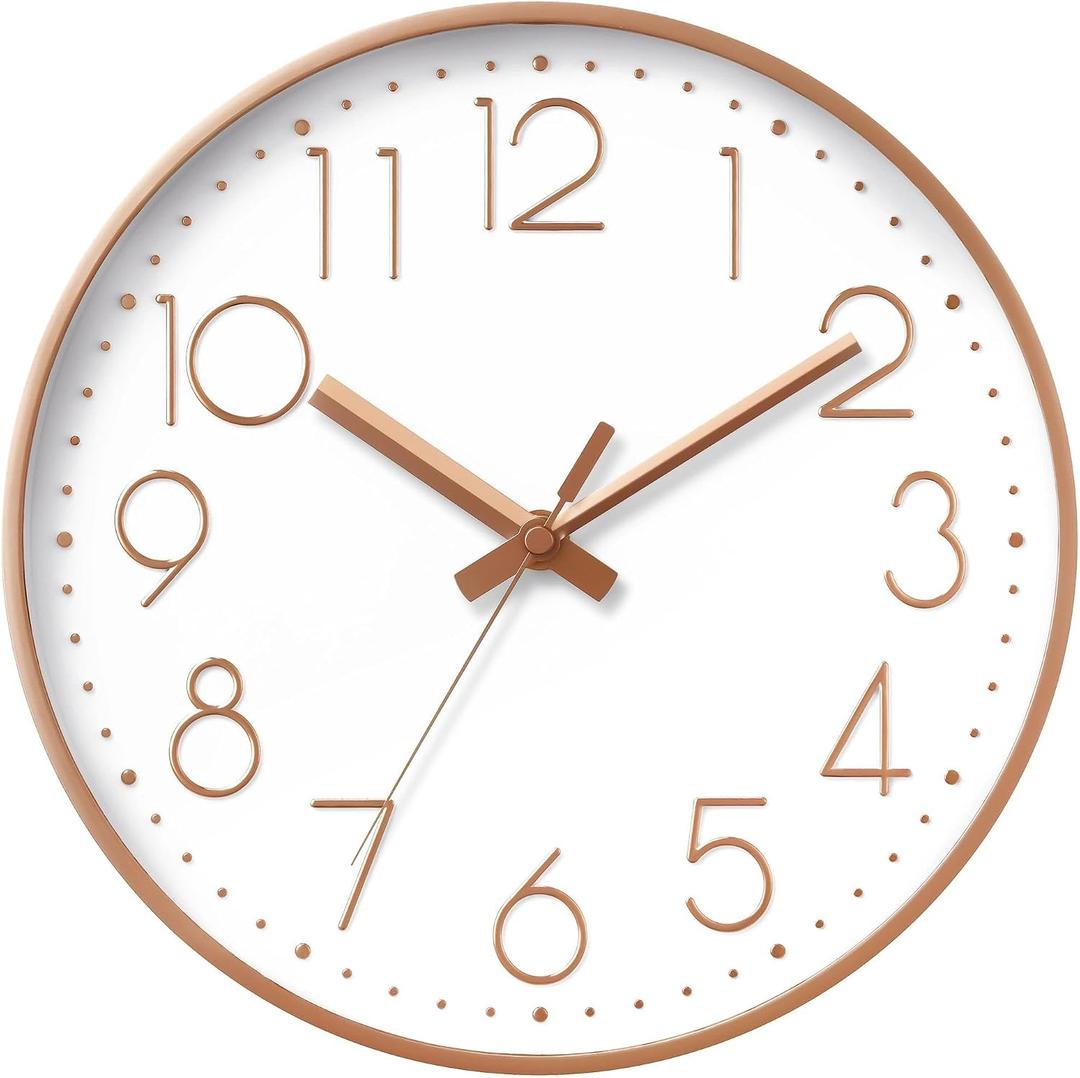 DAXSMY Wall Clock - 10 Inch Silent Non-Ticking Modern 3D Wall Clocks Battery Operated - Decorative Clock for Kitchen, Home Office, Bathroom, Bedroom(Rose Gold)