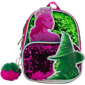 AI ACCESSORY INNOVATIONS Wicked 9 Micro Mini Backpack Purse Featuring Glinda & Elphaba 3D Character Patches, Shiney Sequins, & Pompom Dangle