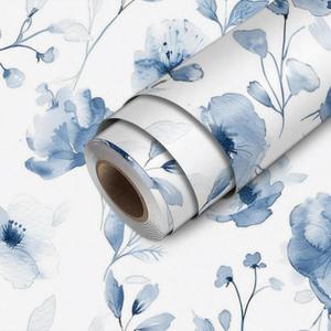 Blue Watercolor Floral Wallpaper Peel and Stick Flower Contact Paper Marble Wall Paper Stick 118.1" x 17.7" Removable Self Adhesive Vinyl Wall Covering for Bedroom Study Living Room Decor