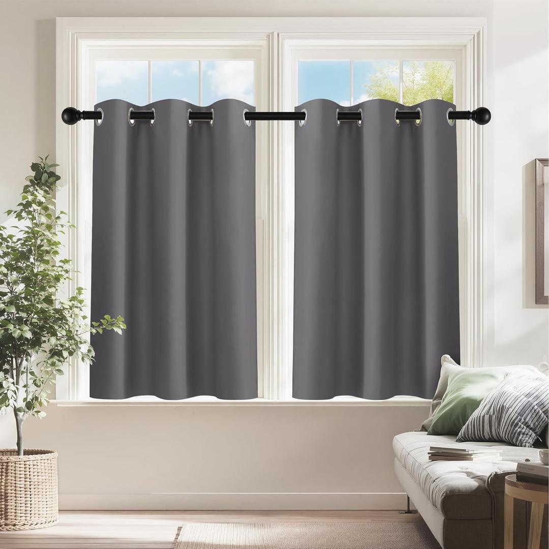PONY DANCE Short Gray Blackout Curtains for Kitchen Over Sink 36 inch Long, Thermal Insulated Black Out Cafe RV Bunk Panels, Grommet Drapes for Bathroom Basement Small Window(2 Panels, 42 inches Wide) (Grey)
