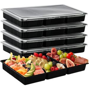 5 Pack Extra Large Divided Catering Trays with Lids 14 x 7.7 x 1.6 Inch Charcuterie Board with Lid Plastic Tiramisu Catering Trays for Snacks, Fruit, Cookies, Dessert