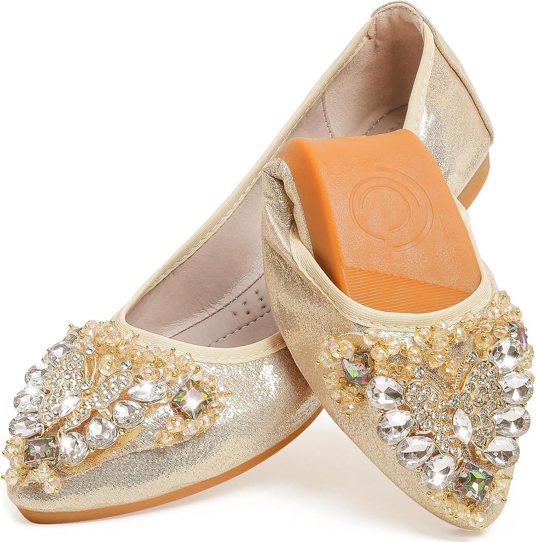 Women's Ballet Flat Shoes - Cute Rhinestones Bow Wedding Flats Slip on Flats for Women Comfort (7, Gold)