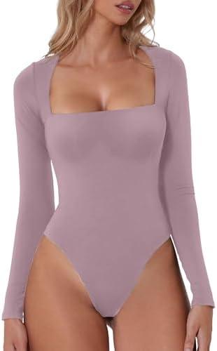 QINSEN Women's Sexy Square Neck Bodysuit Long Sleeve Double Lined Shirt Tops, XS