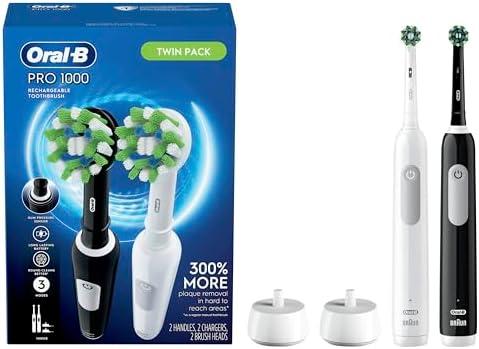 Oral-B Pro 1000 CrossAction Electric Toothbrush, Black and White, 2 Count