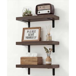 Easy Install Floating Shelves, 15.7 Inch Wall Mounted Wood Shelf,Hanging Shelf for Home Decor, Books and Storage, Small Organizer for Bedroom, Bathroom, Kitchen, Set of 3, Vintage Brown