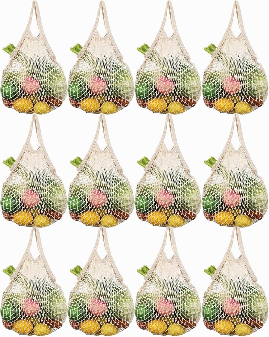 Eccliy 12 Pcs Reusable Mesh Grocery Bags Portable Cotton Produce Containers Washable Net Mesh Tote Bag Handle String Shopping(Beige)