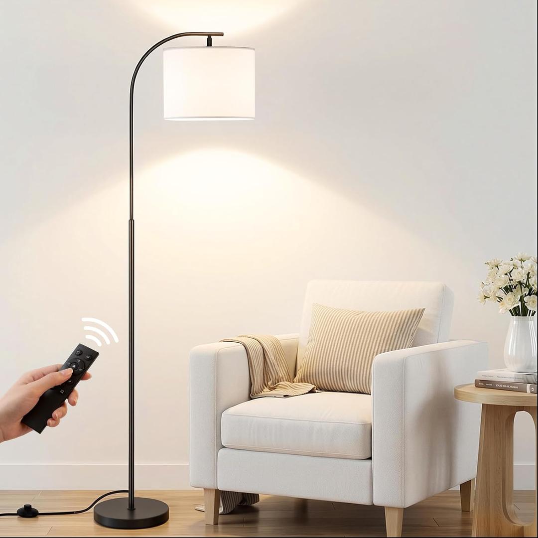 SIBRILLE Floor Lamp with Linen Shade, Arc Dimmable Tall Standing Lamp with Remote Control, Modern Floor Reading Light for Living Room Bedroom Office Corner, 9W LED Bulb Included