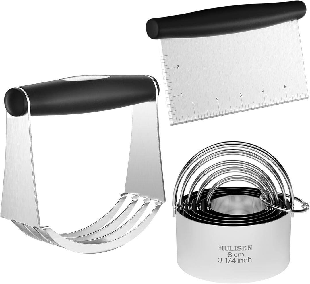 HULISEN Stainless Steel Biscuit Cutter Set, Pastry Scraper and Dough Blender, Sturdy & Long-Lasting with Ergonomic Rubber Grip, Professional Baking Dough Tools, Gift Package (3 Pcs/Set)