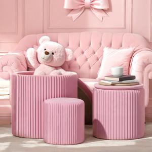 Ottoman Coffee Table,Round Ottoman with Storage Set of 3,Vanity Stool with Storage for Bedroom, Small Velvet Foot Stool for Living Room