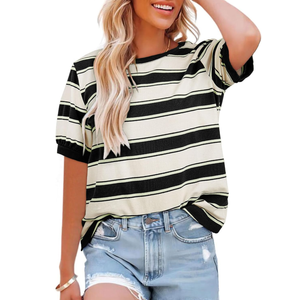 Womens Tops Cotton Casual Color Block Striped Short Sleeve Shirts Crewneck T Shirts Loose Basic Tee Blouses, Size medium