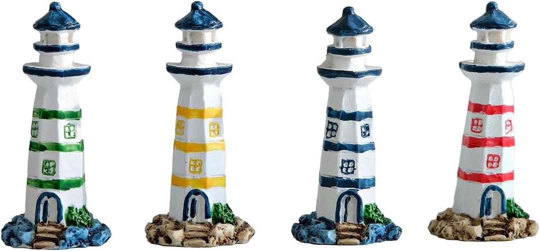 4PCS Mini Lighthouse Decor, Handcrafted Resin Miniature Lighthouse Model, Mediterranean Style Ornament, Ocean Tabletop Light House Decorations for Home
