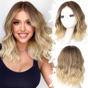 Brown to Blonde Short Wavy Wig for Women Lace Hairline Bob Style Synthetic Heat Resistant - Natural Appearance for Everyday Hairstyle 14 Inch