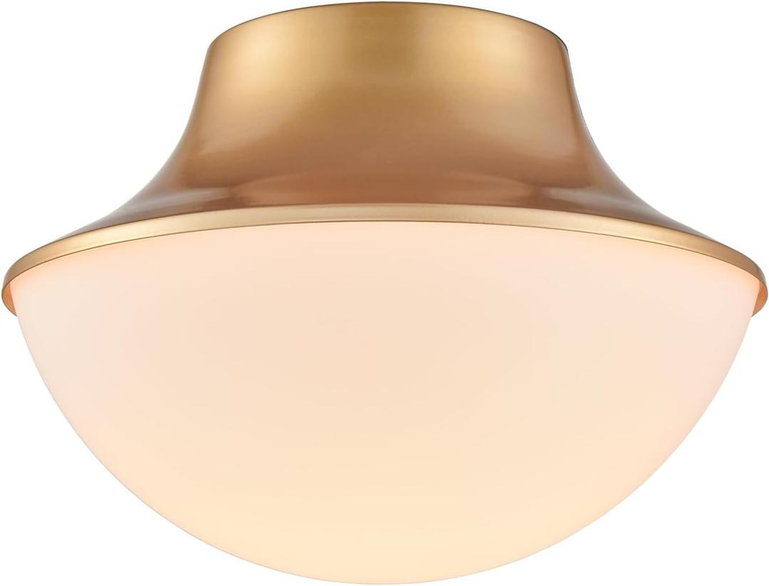 Modern Gold Semi Flush Mount Ceiling Light Fixture Brass Metal Round Bowl Shape Milk Glass Light Fixture Ceiling Mount for Bathroom Bedroom Hallway Entrance Staircase Office Living Room