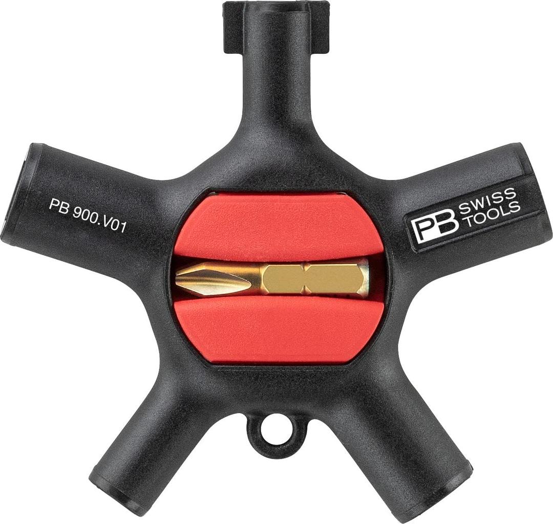 PB Swiss Tools 9-in-1 Universal Cabinet Key PB 900.V01 CN | 100% Swiss Made | Pocket Tool with Bit Holder, 2 C6 1/4" Precision Bits and Key Ring