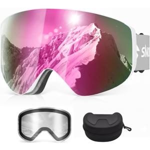 Snowalva Ski Goggles, Snowboard Goggles with 2 UV400 Anti-Fog Detachable Magnet Lenses for Men & Women Adult (Ver.2 Cherry(vlt 11.5%)+clear(vlt 83.5%))