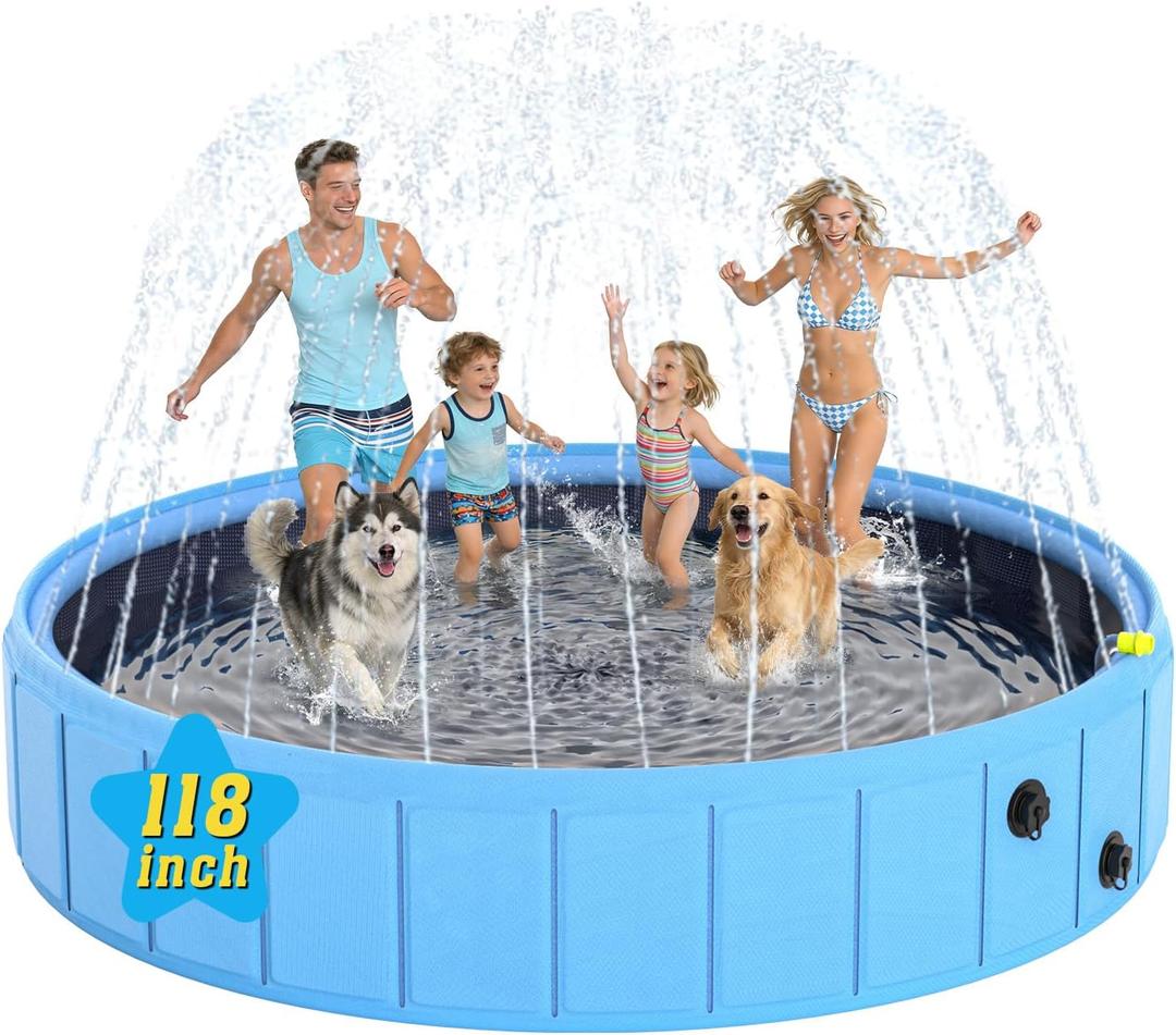 Foldable Dog Pool with Sprinkler, 118" Extra Large Non-Slip Dog Swimming Pool, 2-in-1 Outdoor Backyard Pet Bathing Tub with Drain Plug for Dogs Kids Pets Ducks