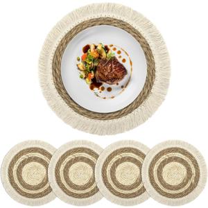 fanquare Boho Round Woven Placemats Set of 4, Rustic Tassels Grass Tablemats, Farmhouse Braided Place Mats Dcor for Kitchen Dining Table, Brown and Beige
