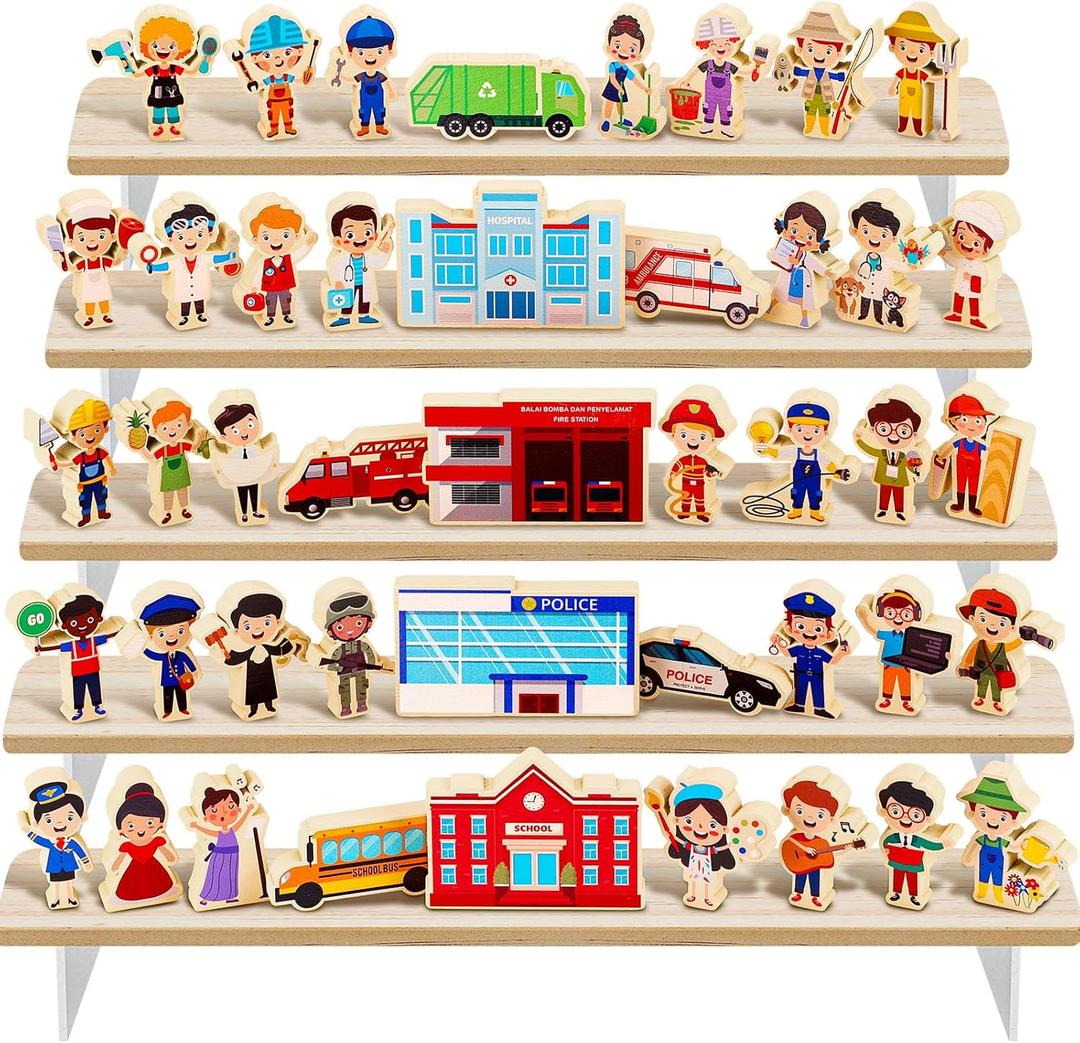 44 PCS Wooden Community Helpers Wood Blocks Little People Figures Occupational Cars Buildings Pretend Play Toys Multicultural Career Character Educational Social Preschool Learning for Kids