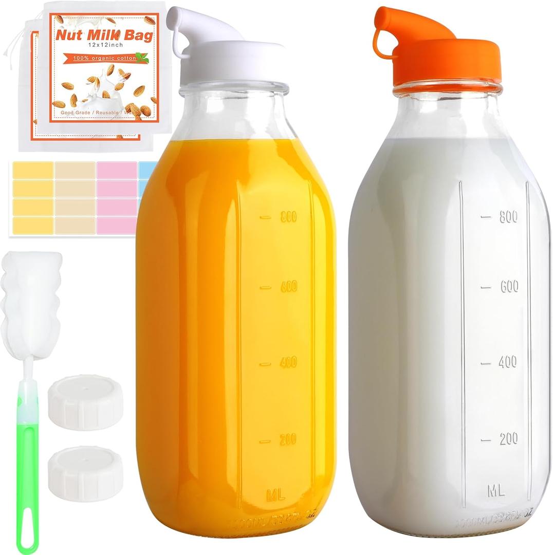32 Oz Glass Milk Bottles, 2 Pack Scale Mark Drinking Jug with 2 Nut Milk Bags& Airtight Screw Lid & Silicone Pour Cap& Stickers, 1 Quart Reusable Juice Bottle Water Pitcher for Coffee Yogurt