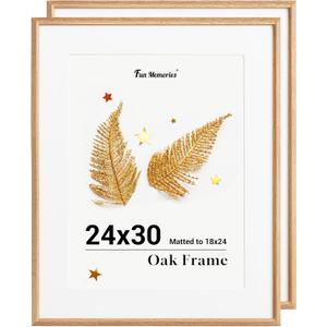 Fun Memories 24x30 Poster Frame, Solid Oak Wood Picture Frames, Modern Photo Frame for Wall 24x30 with 18x24 Mat, High Definition Plexiglass & Wall Hook Included (Beige, 2 Pack) (USA-Sourced Oak Wood Natural)